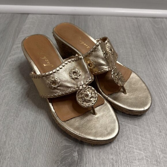 Jack Rogers Wedge Sandals Womens Size 9 Metallic Gold Espadrille Thong Slide - Picture 1 of 9